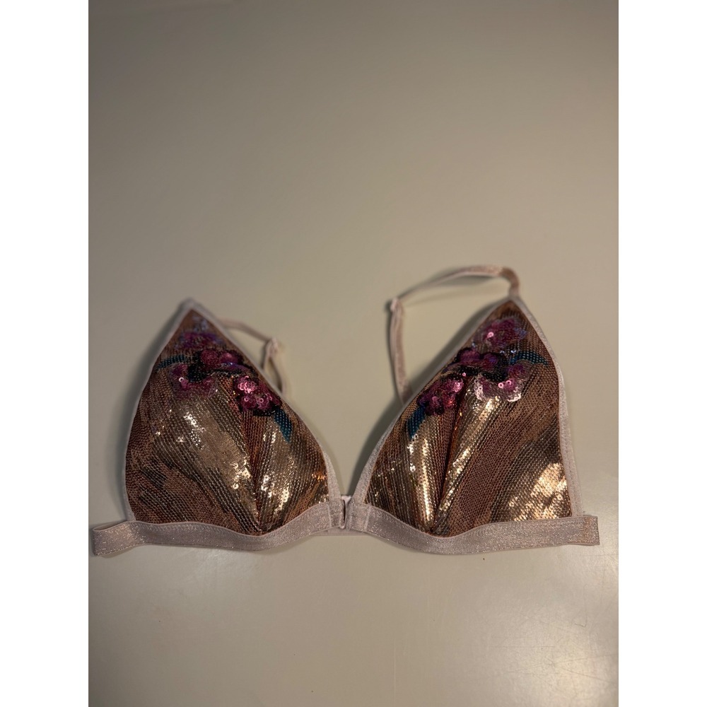Victorias Secret Rose Gold Sequin Floral Embroidery Triangle Bralette Size M